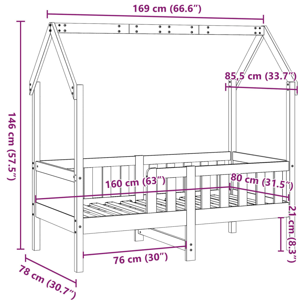 Cama infantil formato casa 80x160 cm madeira de pinho maciça