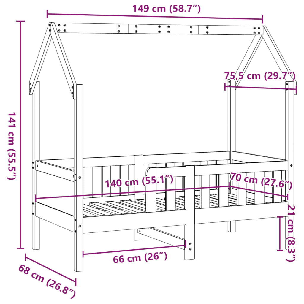 Cama infantil formato casa 70x140 cm pinho maciço branco