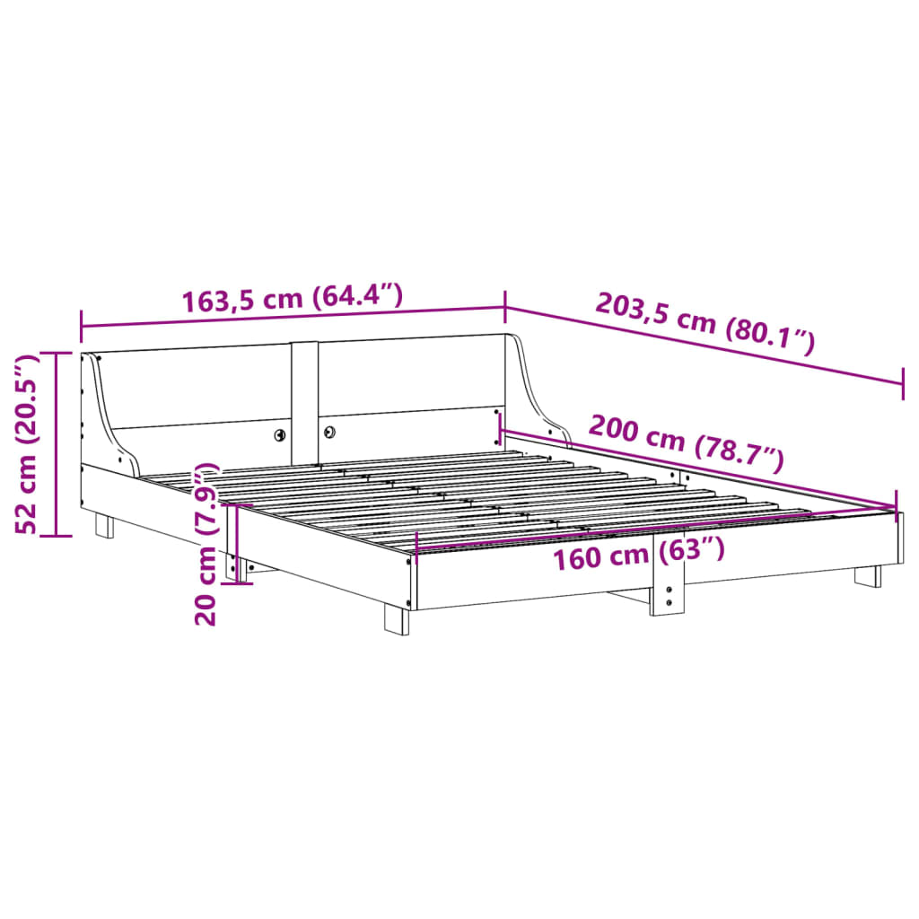 Estrutura de cama com cabeceira 160x200 cm pinho maciço