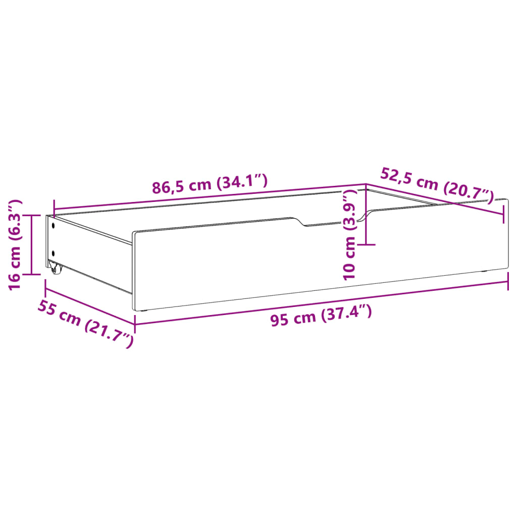 Gavetas para cama com rodas 2 pcs 95x55x16 cm pinho maciço