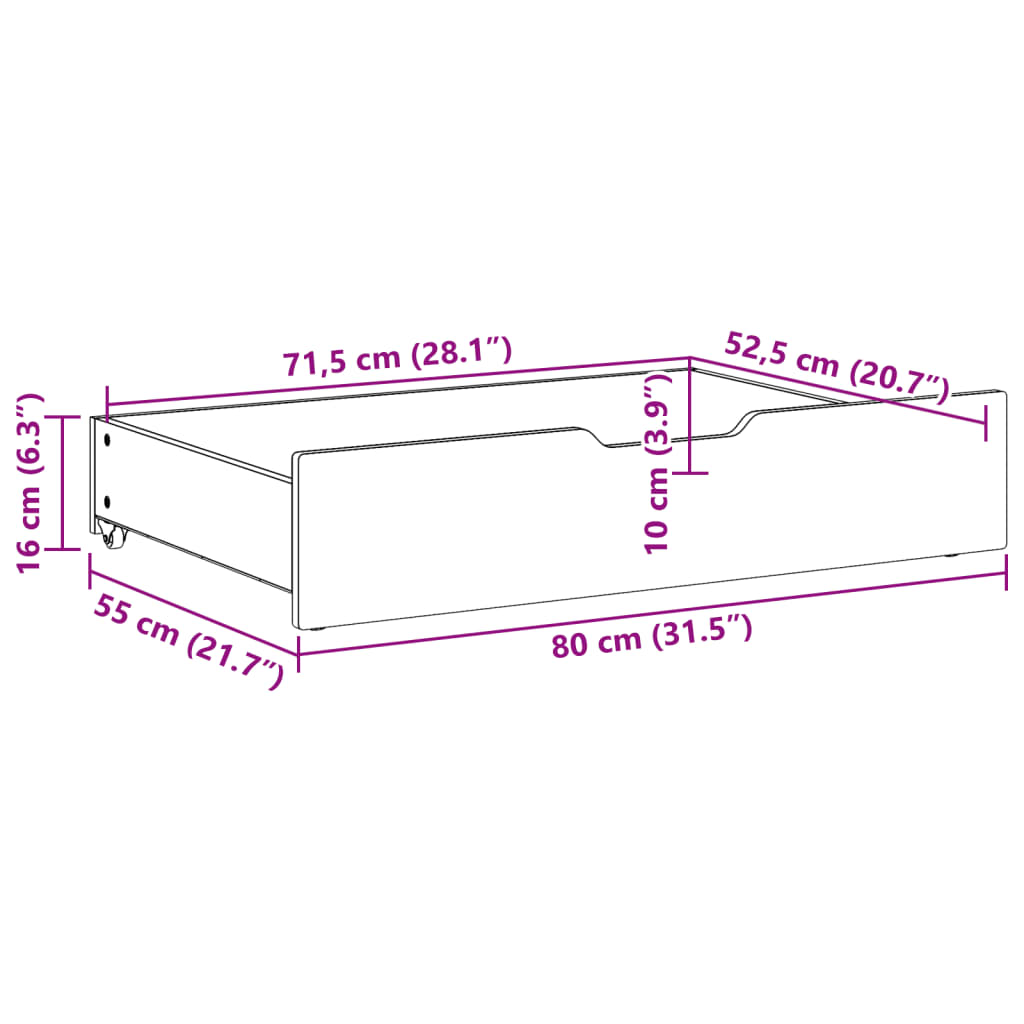 Gavetas para cama com rodas 2 pcs 80x55x16 cm pinho maciço