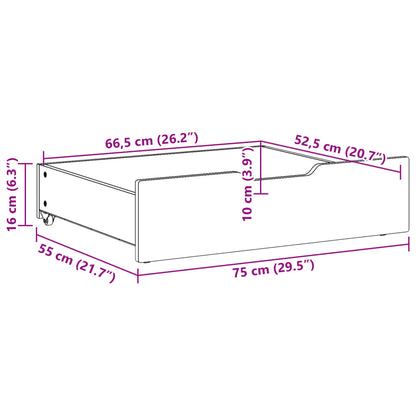 Gavetas para cama com rodas 2 pcs 75x55x16 cm pinho maciço