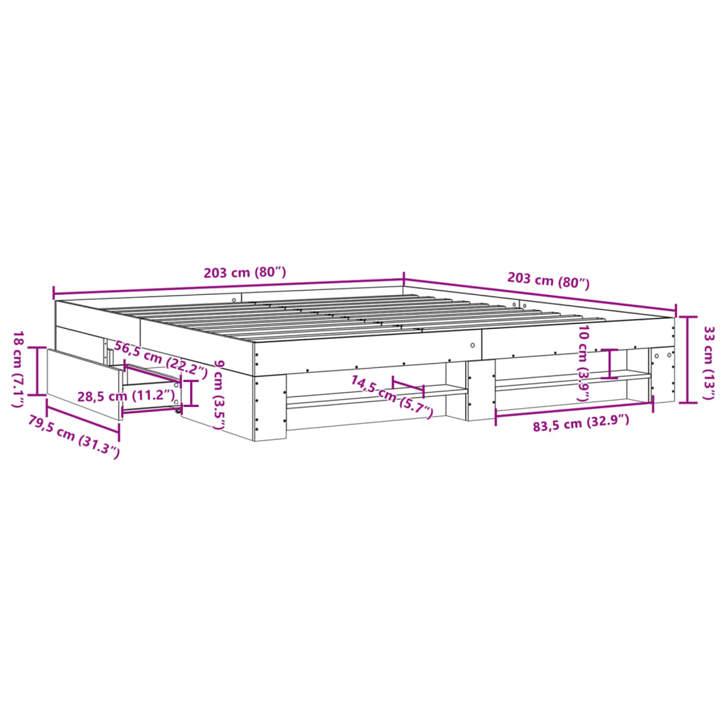 Estrutura de cama 200x200 cm derivados madeira cinzento sonoma