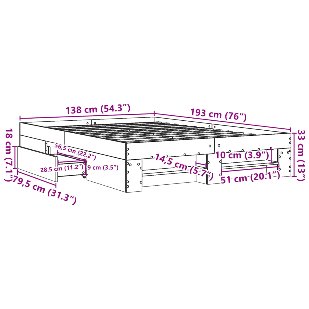 Estrutura de cama 135x190 cm derivados de madeira cinza cimento