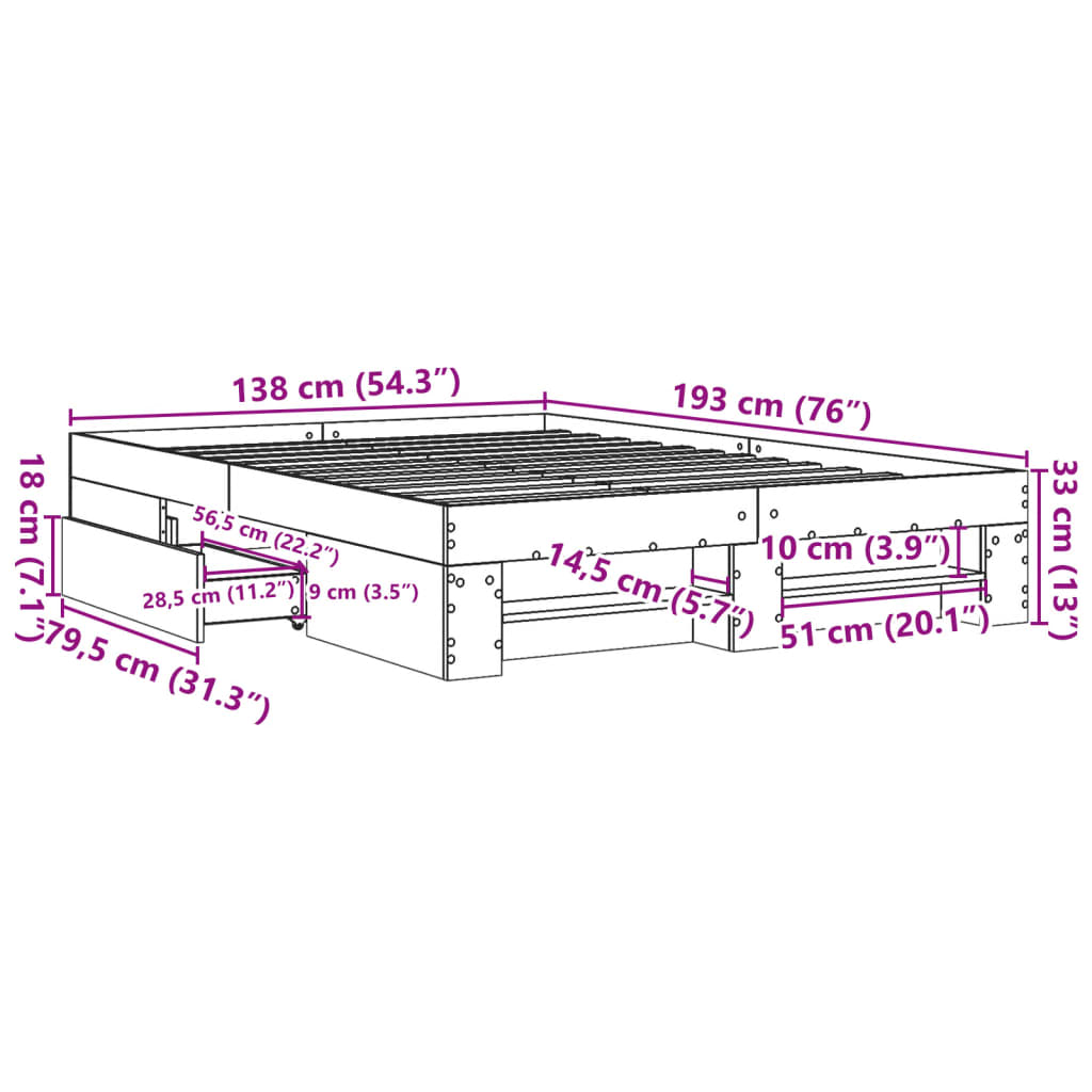 Estrutura de cama 135x190 cm derivados de madeira cinza sonoma