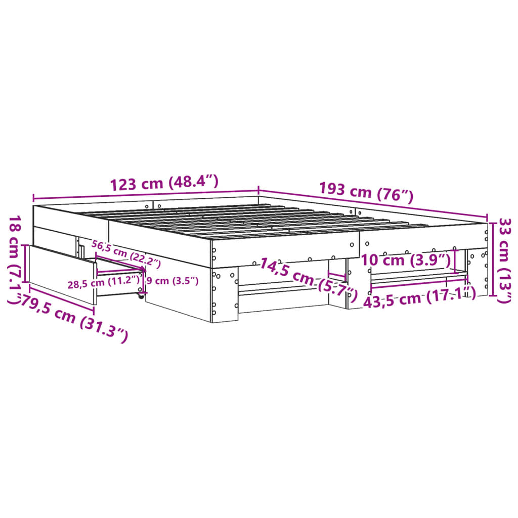 Estrutura de cama 120x190 cm derivados de madeira cinza cimento