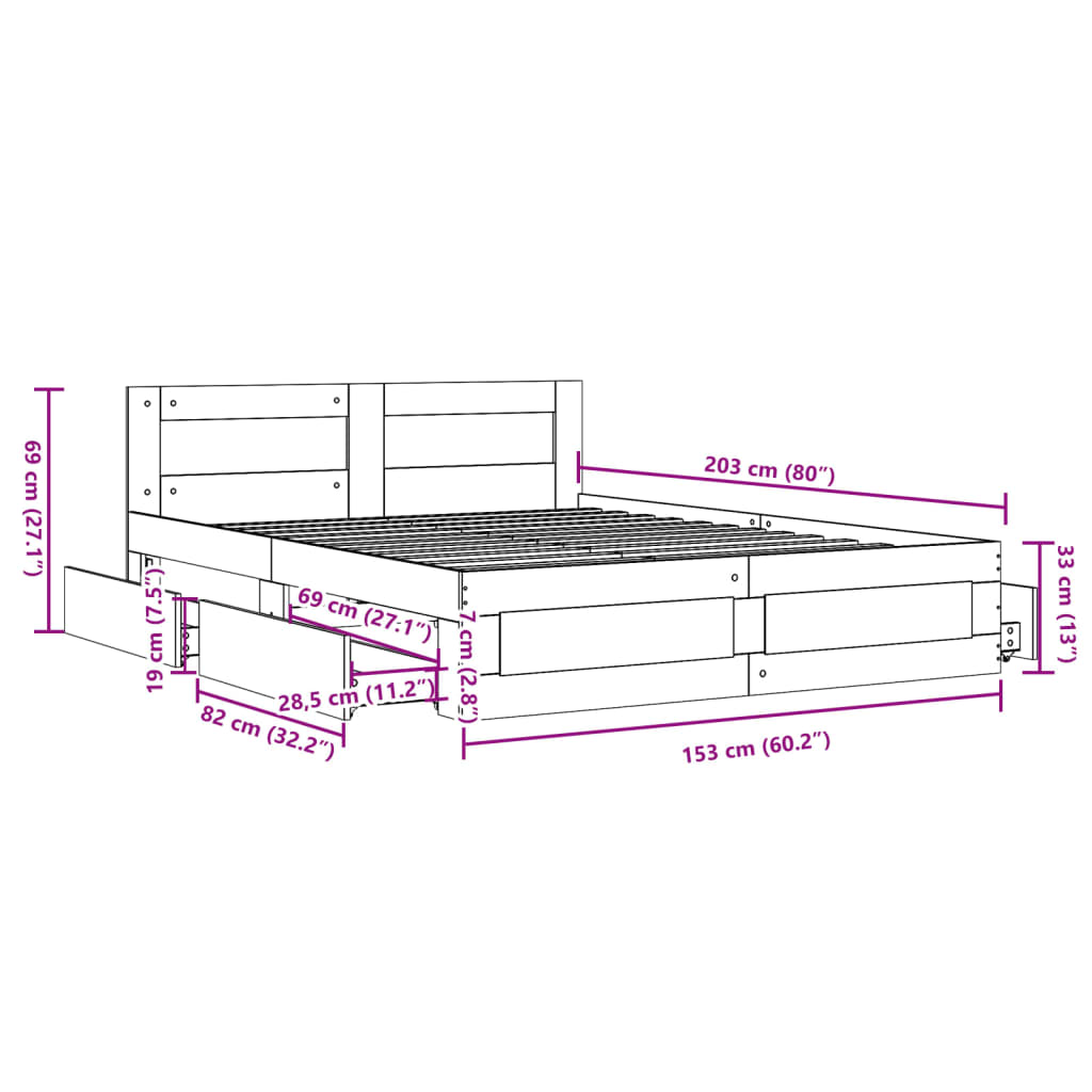 Estrutura cama c/ cabeceira 150x200 cm derivados madeira preto