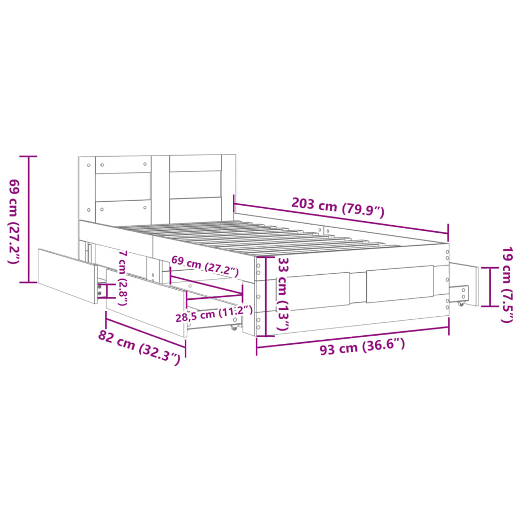 Estrutura de cama c/ cabeceira sem colchão 90x200 cm branco