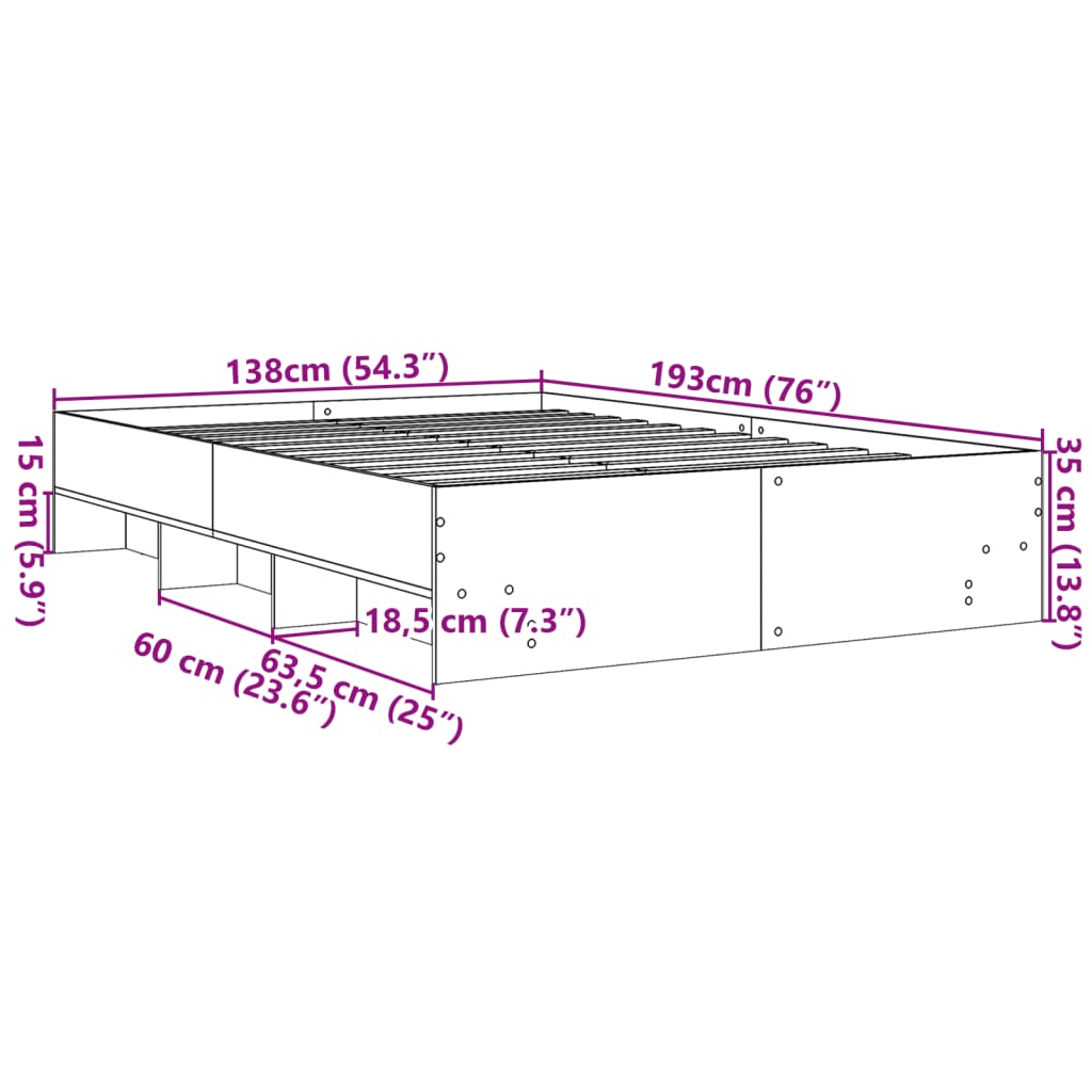 Estrutura de cama 135x190 cm derivados de madeira cinza sonoma