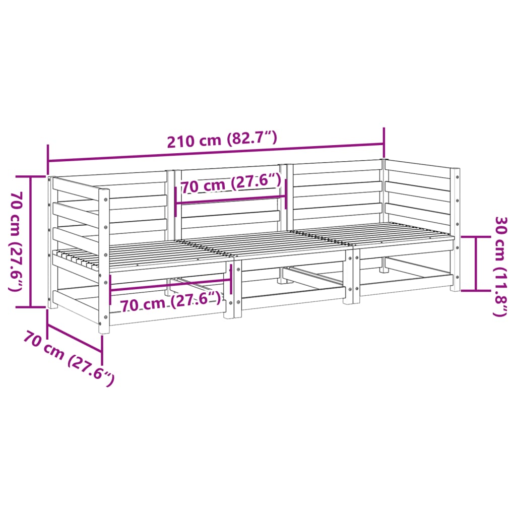 3 pcs conjunto sofás de jardim madeira de pinho maciça