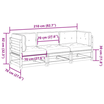 3 pcs conjunto sofás de jardim c/ almofadões pinho maciço