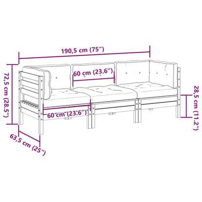 3 pcs conj. sofás jardim almofadões pinho maciço castanho cera