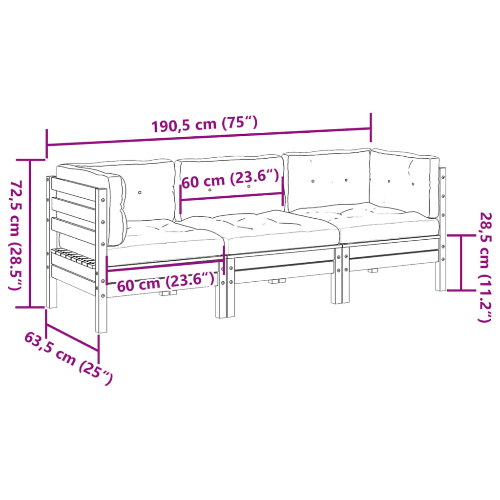 3 pcs conjunto sofás de jardim c/ almofadões pinho impregnado