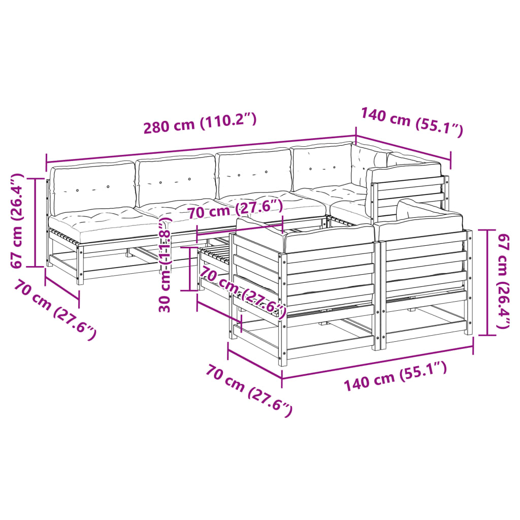 8 pcs conjunto sofás de jardim com almofadões pinho maciço