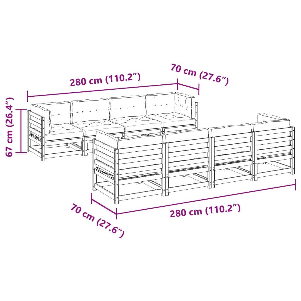 9 pcs conjunto sofás de jardim com almofadões pinho maciço