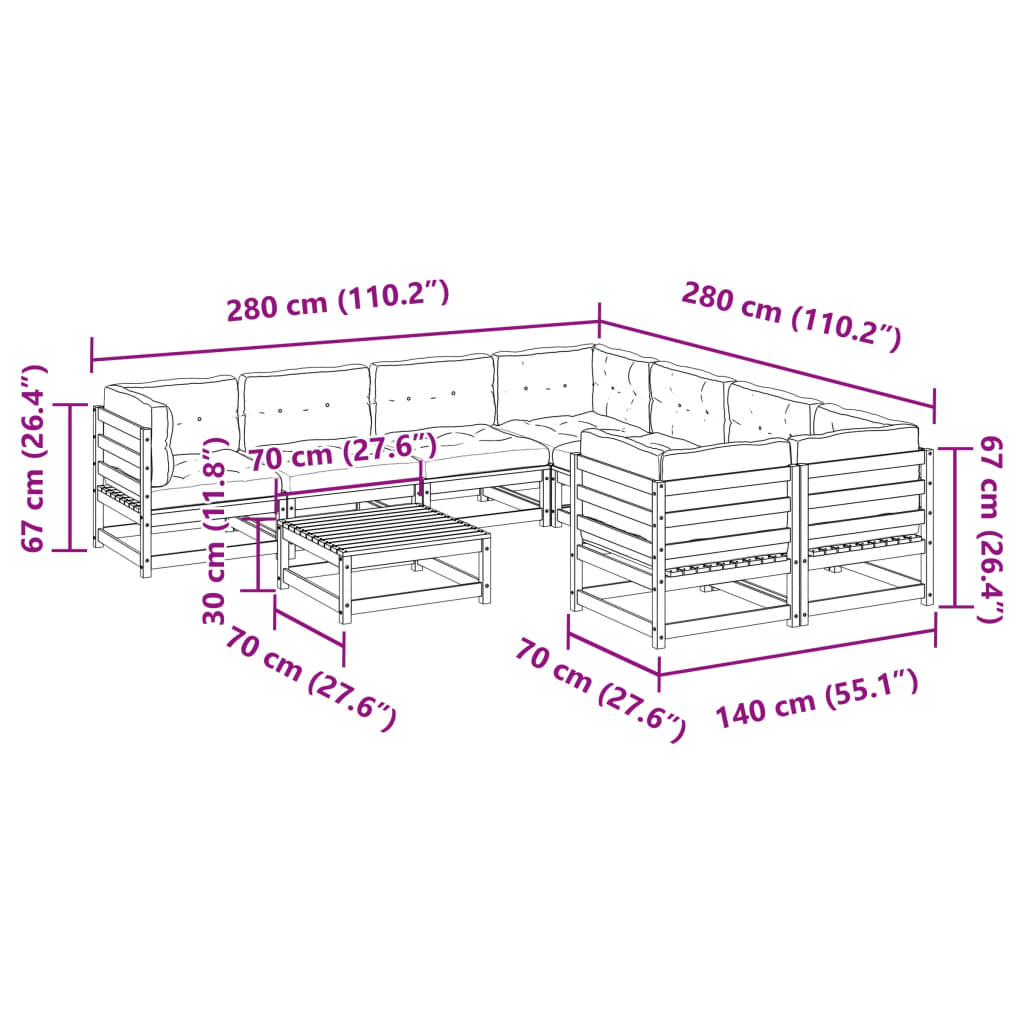 9 pcs conjunto sofás de jardim com almofadões pinho maciço