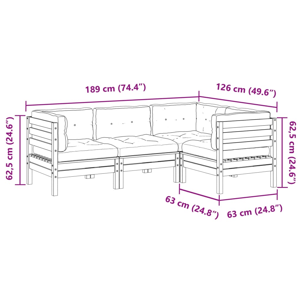 4pcs conj. sofás jardim c/ almofadões pinho maciço castanho mel