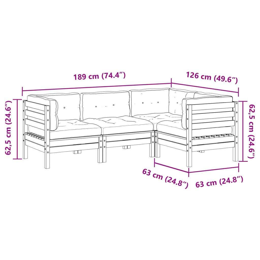 4 pcs conjunto sofás p/ jardim com almofadões pinho impregnado