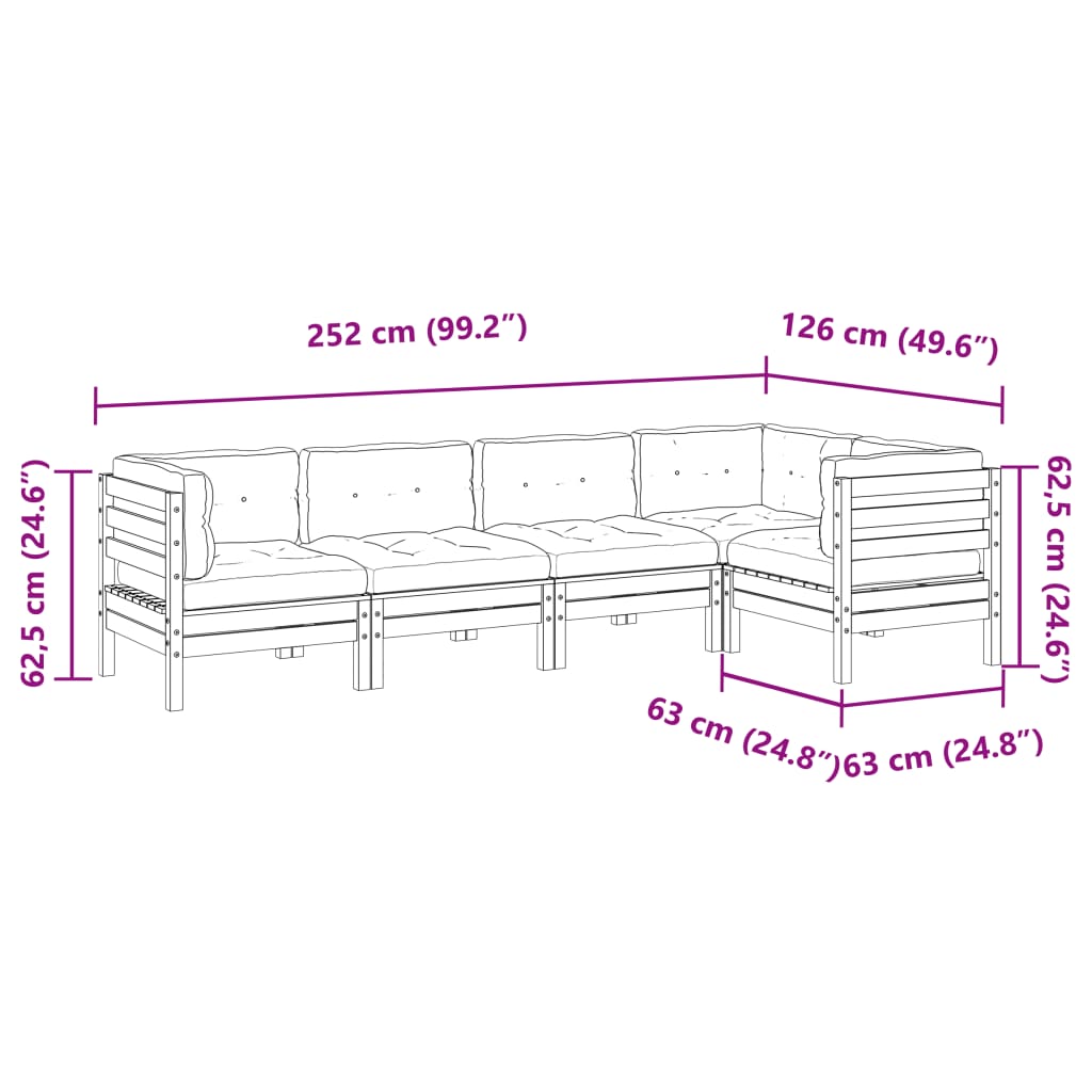 5 pcs conjunto sofás de jardim c/ almofadões pinho impregnado