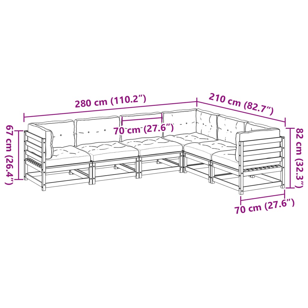 6 pcs conjunto de sofás de jardim c/ almofadões pinho maciço