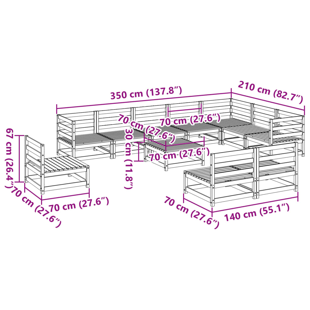 11 pcs conjunto sofás de jardim madeira de pinho maciça