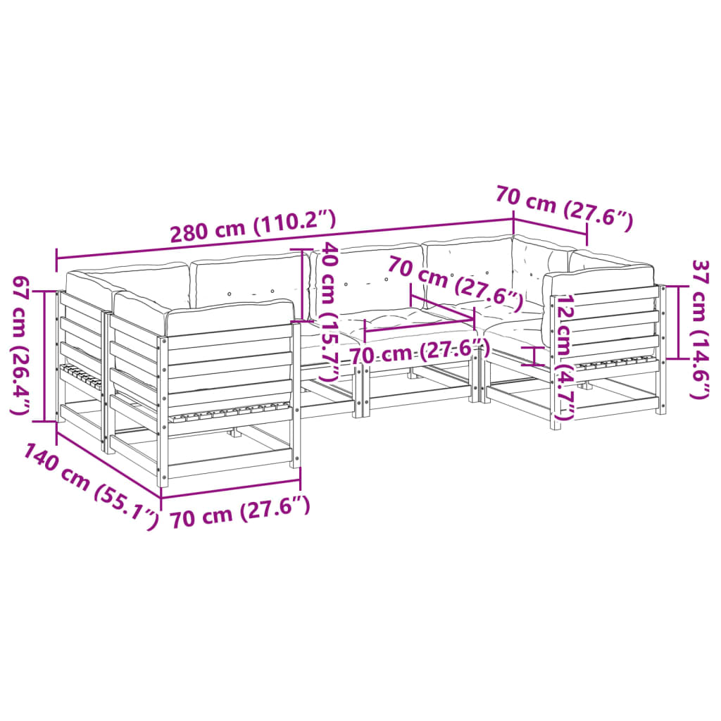 6 pcs conjunto sofás de jardim c/ almofadões pinho impregnado