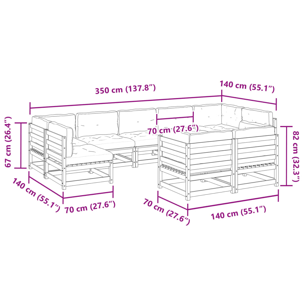 9 pcs conjunto sofás de jardim c/ almofadões pinho impregnado