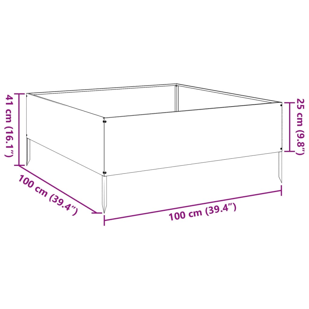 Canteiro elevado de jardim 100x100x25 cm aço preto