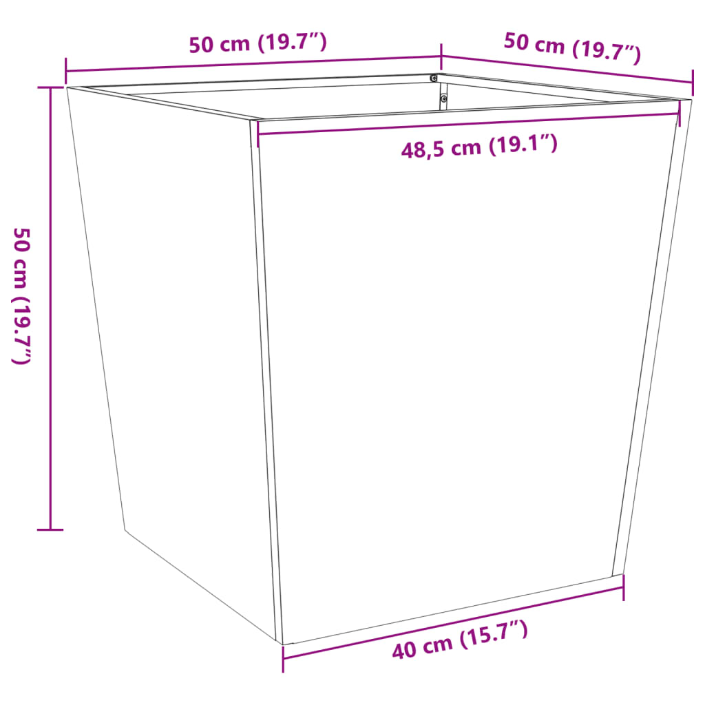 Vaso/floreira de jardim 50x50x50 cm aço verde azeitona