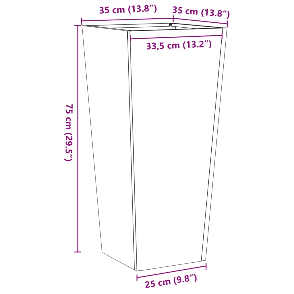 Vaso/floreira de jardim 35x35x75 cm aço galvanizado