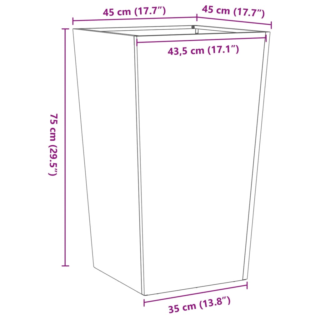 Vaso/floreira de jardim 45x45x75 cm aço preto