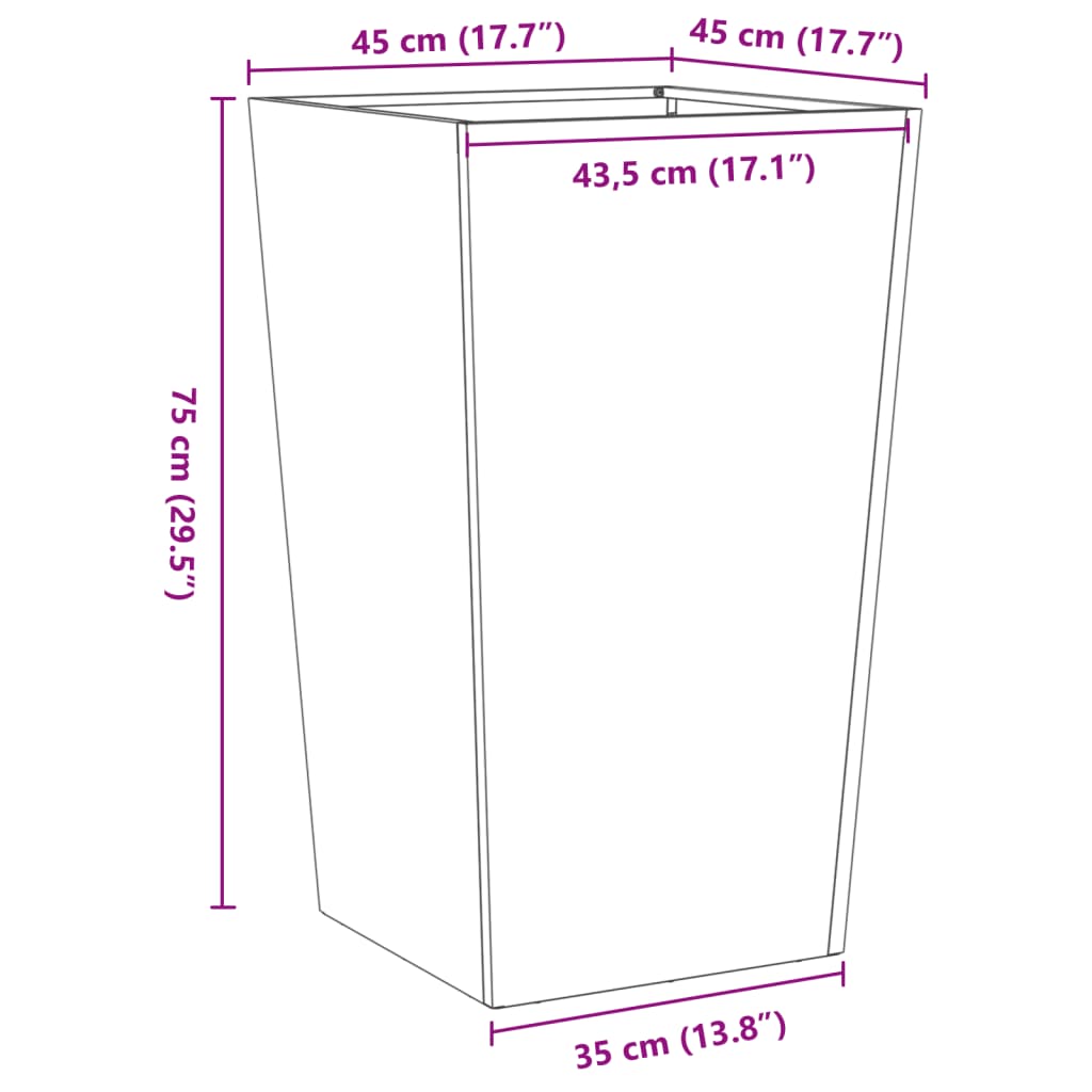 Vaso/floreira de jardim 45x45x75 cm aço antracite