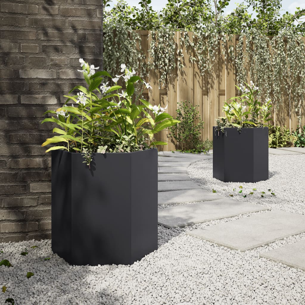 Vaso/floreira de jardim 2 pcs hexagonal 46x40x45 cm aço preto