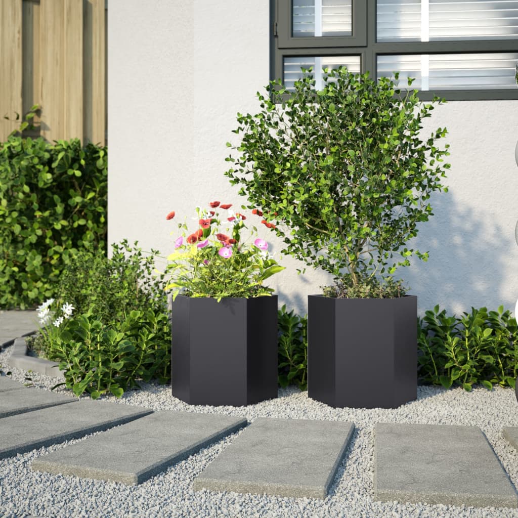 Vaso/floreira de jardim 2 pcs hexagonal 46x40x45 cm aço preto