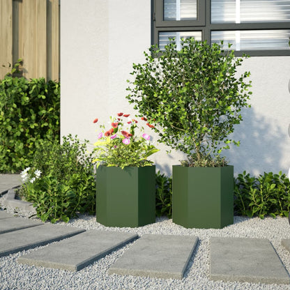 Vaso/floreira de jardim 2 pcs hexagonal 46x40x45 cm aço verde