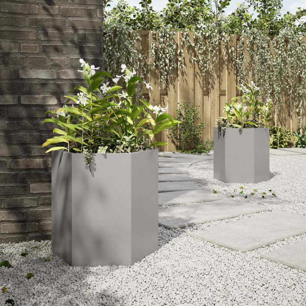 Vaso/floreira de jardim 2 pcs hexagonal 46x40x45 cm aço inox.