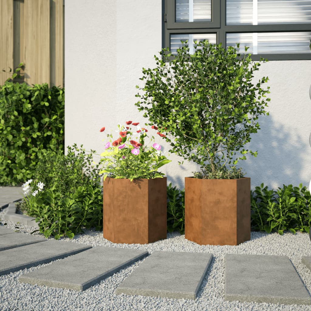 Vaso/floreira jardim 2 pcs hexagonal 46x40x45 cm aço corten