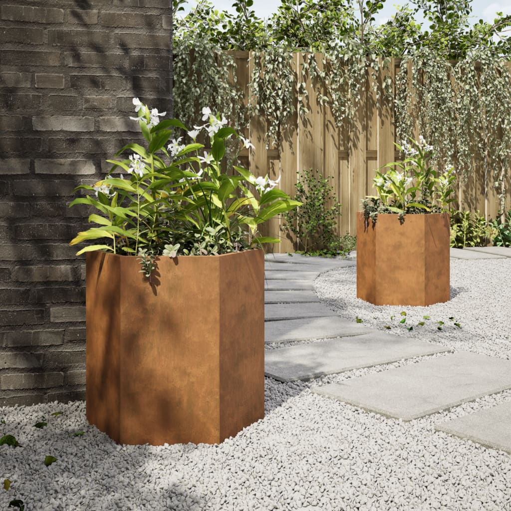 Vaso/floreira jardim 2 pcs hexagonal 46x40x45 cm aço corten