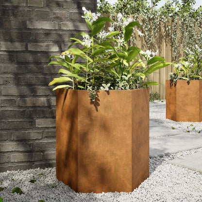 Vaso/floreira jardim 2 pcs hexagonal 46x40x45 cm aço corten