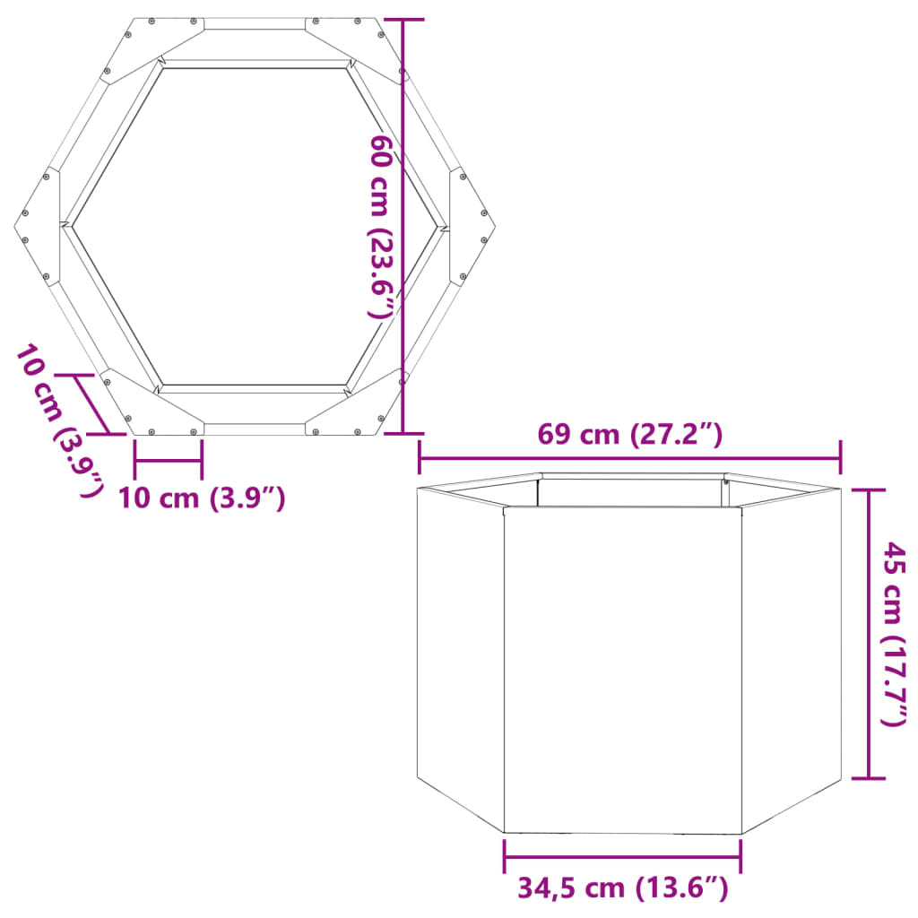 Vaso/floreira de jardim hexagonal 69x60x45 cm aço antracite