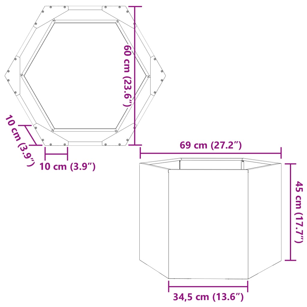 Vaso/floreira de jardim hexagonal 69x60x45cm aço verde azeitona