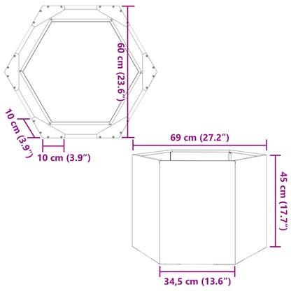 Vaso/floreira de jardim hexagonal 69x60x45 cm aço corten