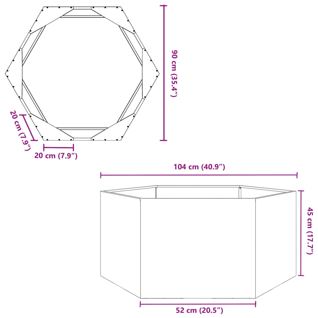 Vaso/floreira de jardim hexagonal 104x90x45 cm aço branco