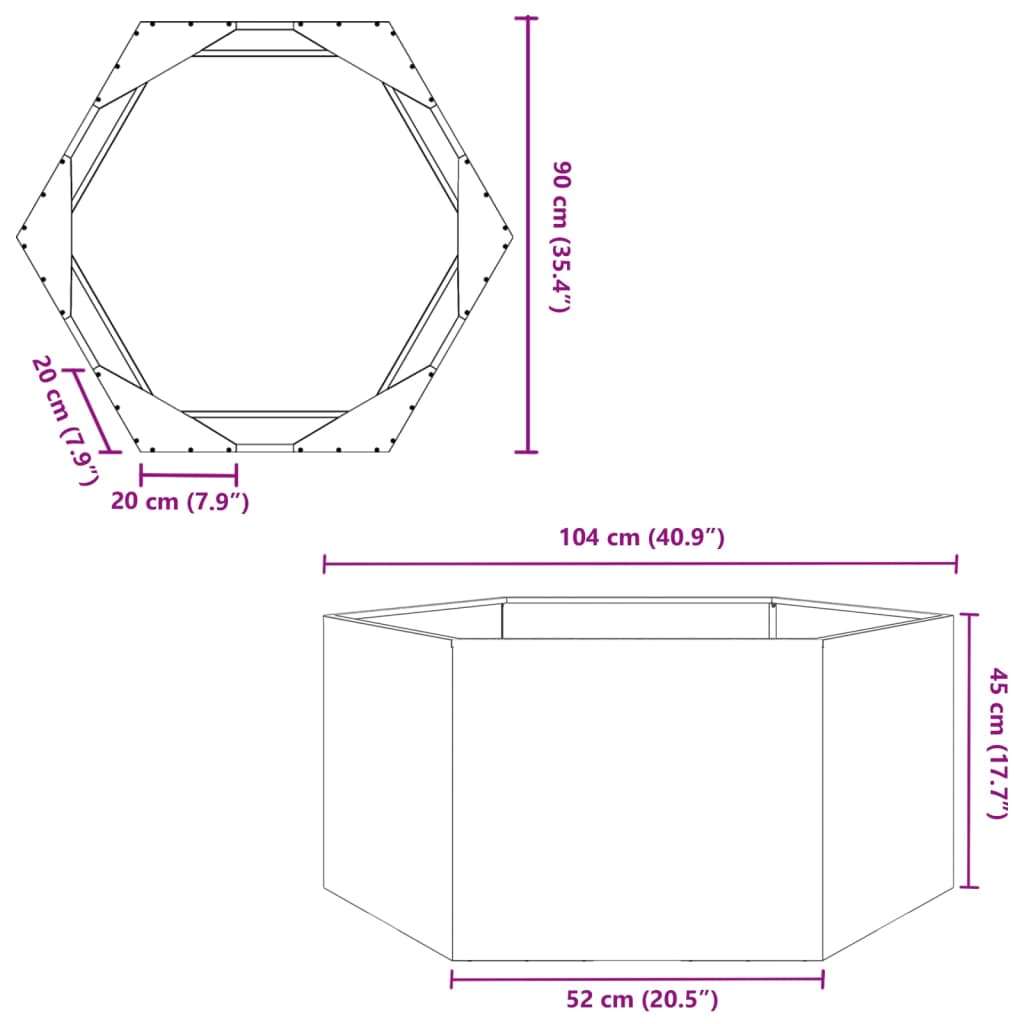 Vaso/floreira de jardim hexagonal 104x90x45 cm aço verde