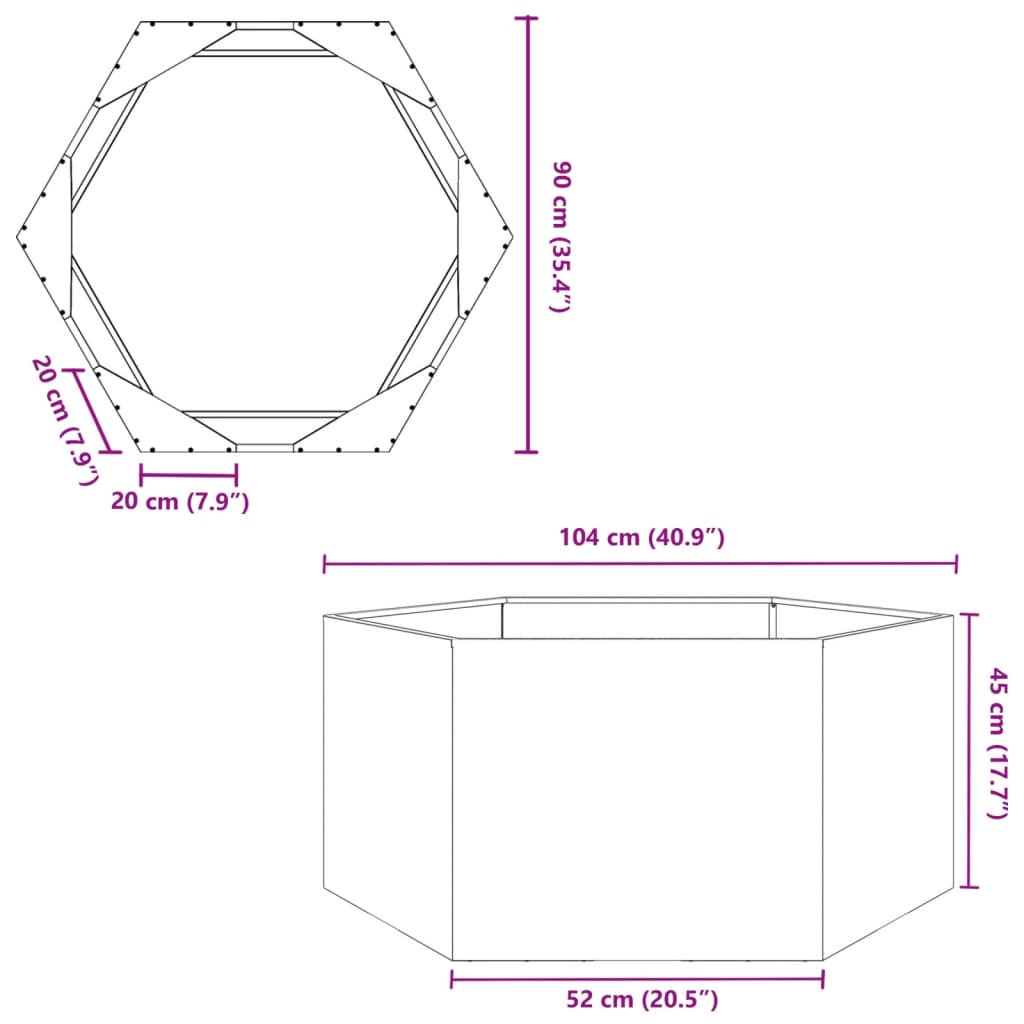 Vaso/floreira de jardim hexagonal 104x90x45 cm aço galvanizado