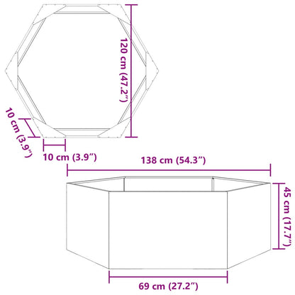 Vaso/floreira de jardim hexagonal 138x120x45 cm aço preto