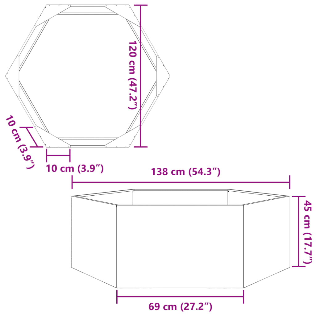 Vaso/floreira de jardim hexagonal 138x120x45 cm aço corten