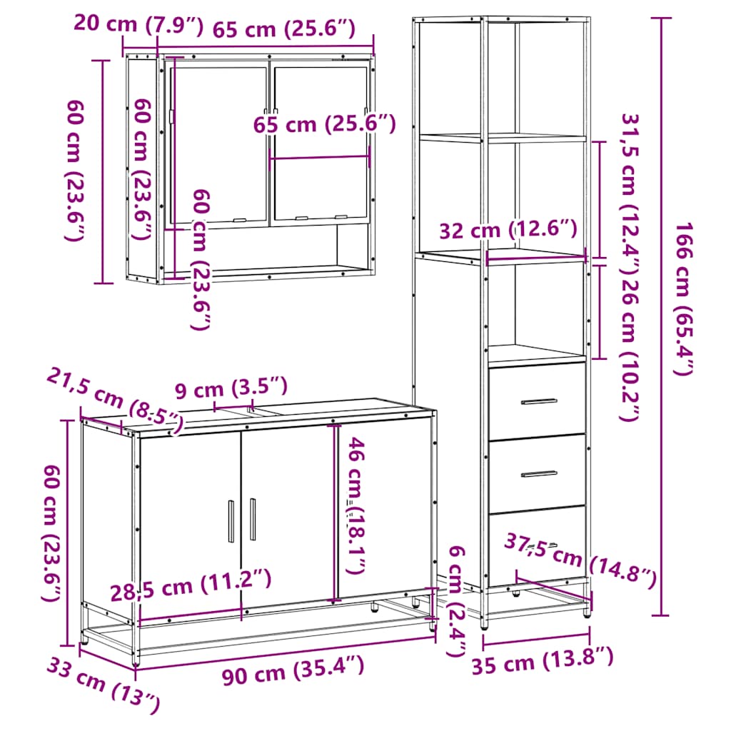 3 pcs Conjunto móveis casa de banho madeira proc. cinza sonoma