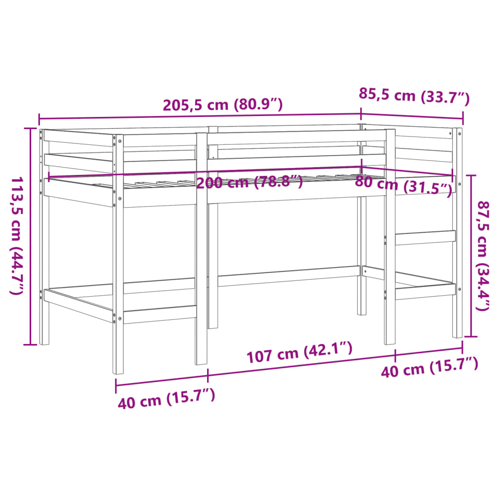 Cama alta p/criança c/escada 80x200cm pinho maciço castanho-mel