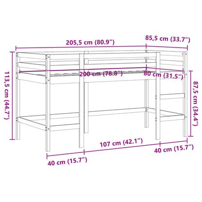 Cama alta p/criança c/escada 80x200cm pinho maciço castanho-mel